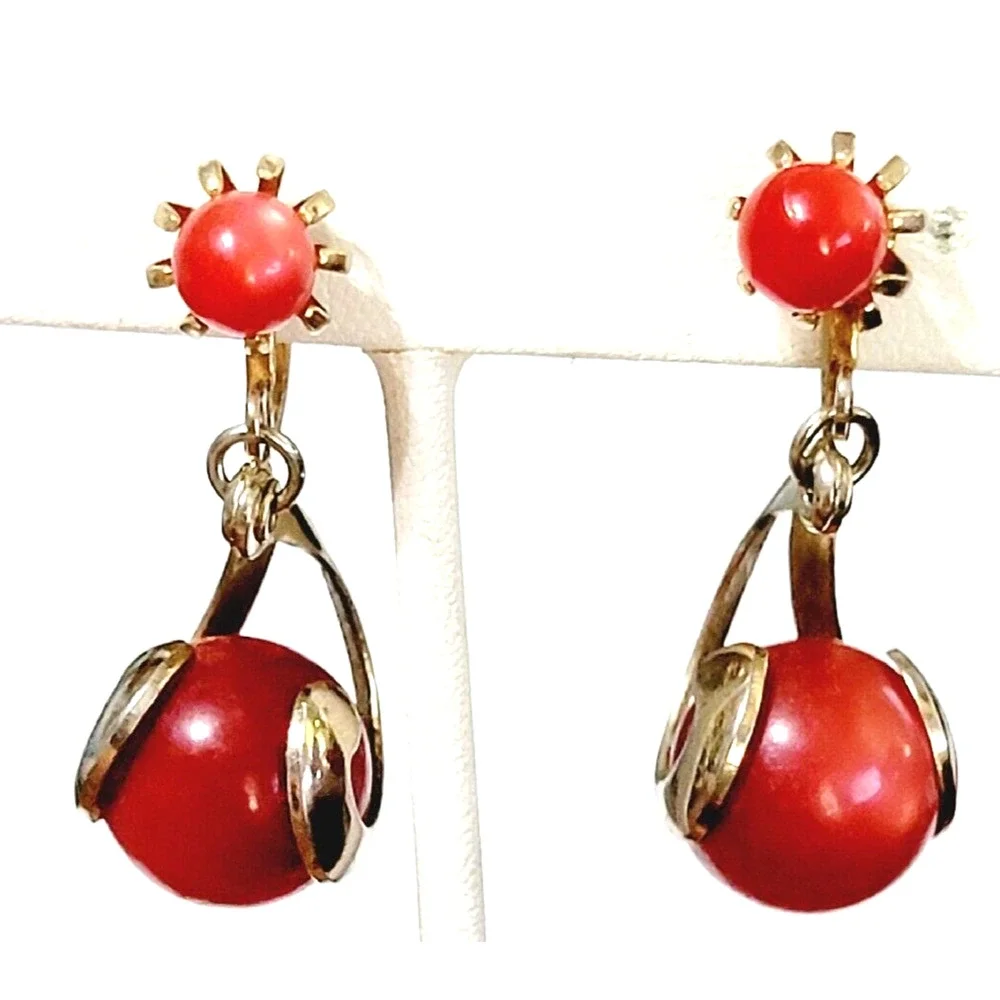 Vintage Mid-century Pink-Red Moonstone Dangle Earrings Screw Back sb-30